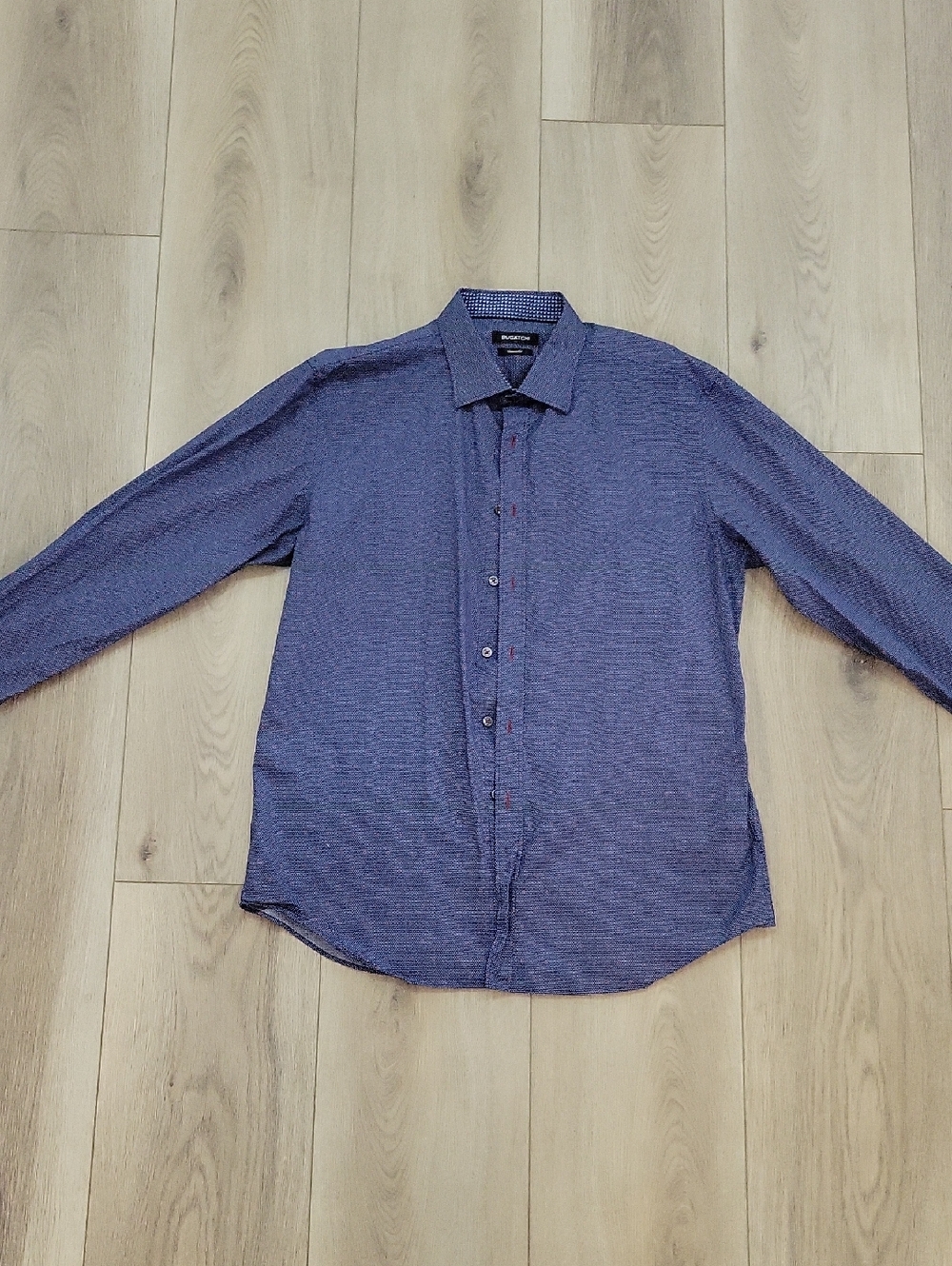 Bugatchi Shaped Fit Men's Navy Micro-Pattern Long Sleeve Dress Shirt